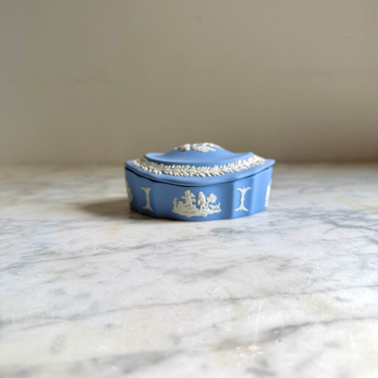 Vintage Wedgwood Blue Jasperware Oval Trinket Box - Cupid Sharpening Arrow Ceramic Jewelry Dish, Grandmillennial Vanity Decor