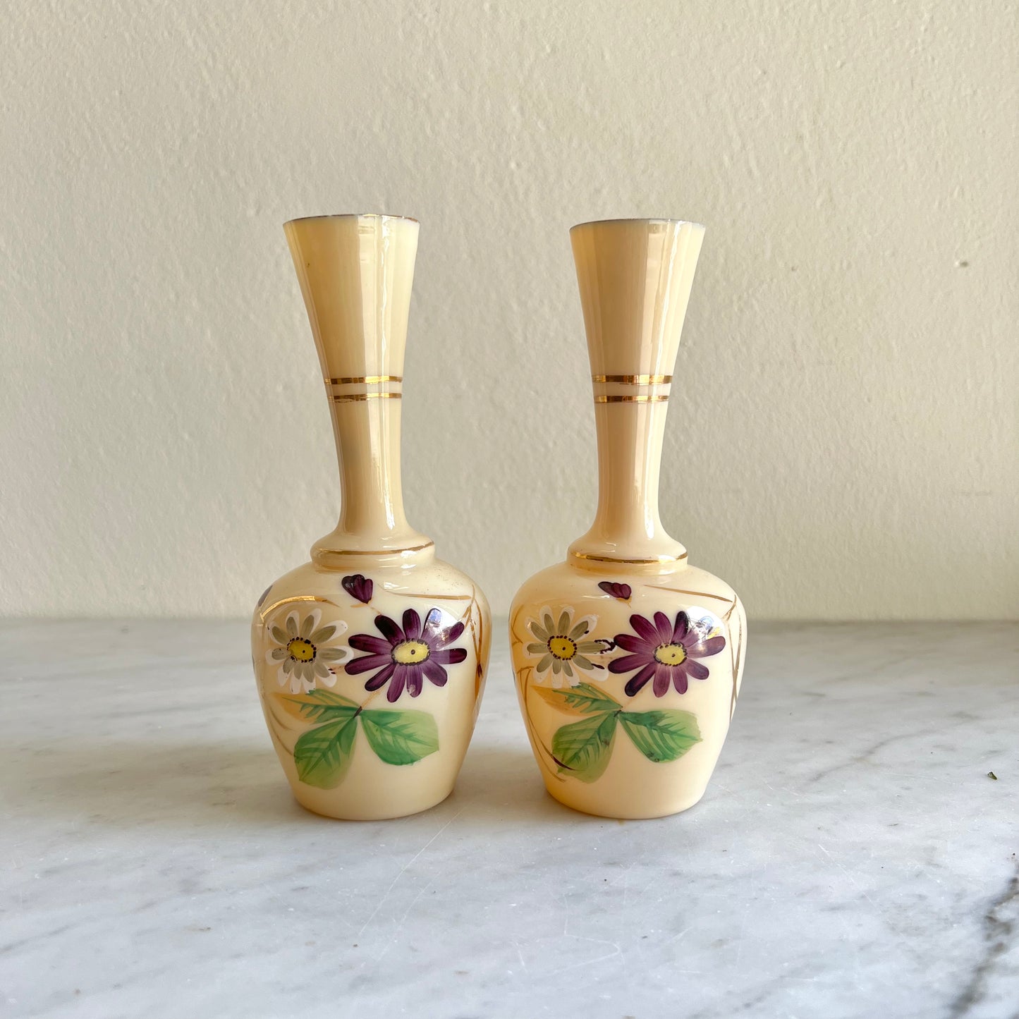 Pair of Victorian “Clambroth” Bristol Glass Bud Vases Handpainted
