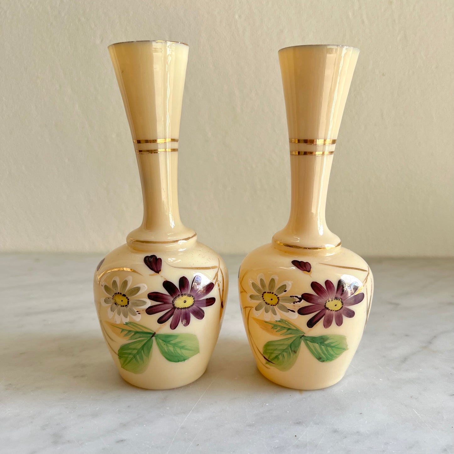 Pair of Victorian “Clambroth” Bristol Glass Bud Vases Handpainted
