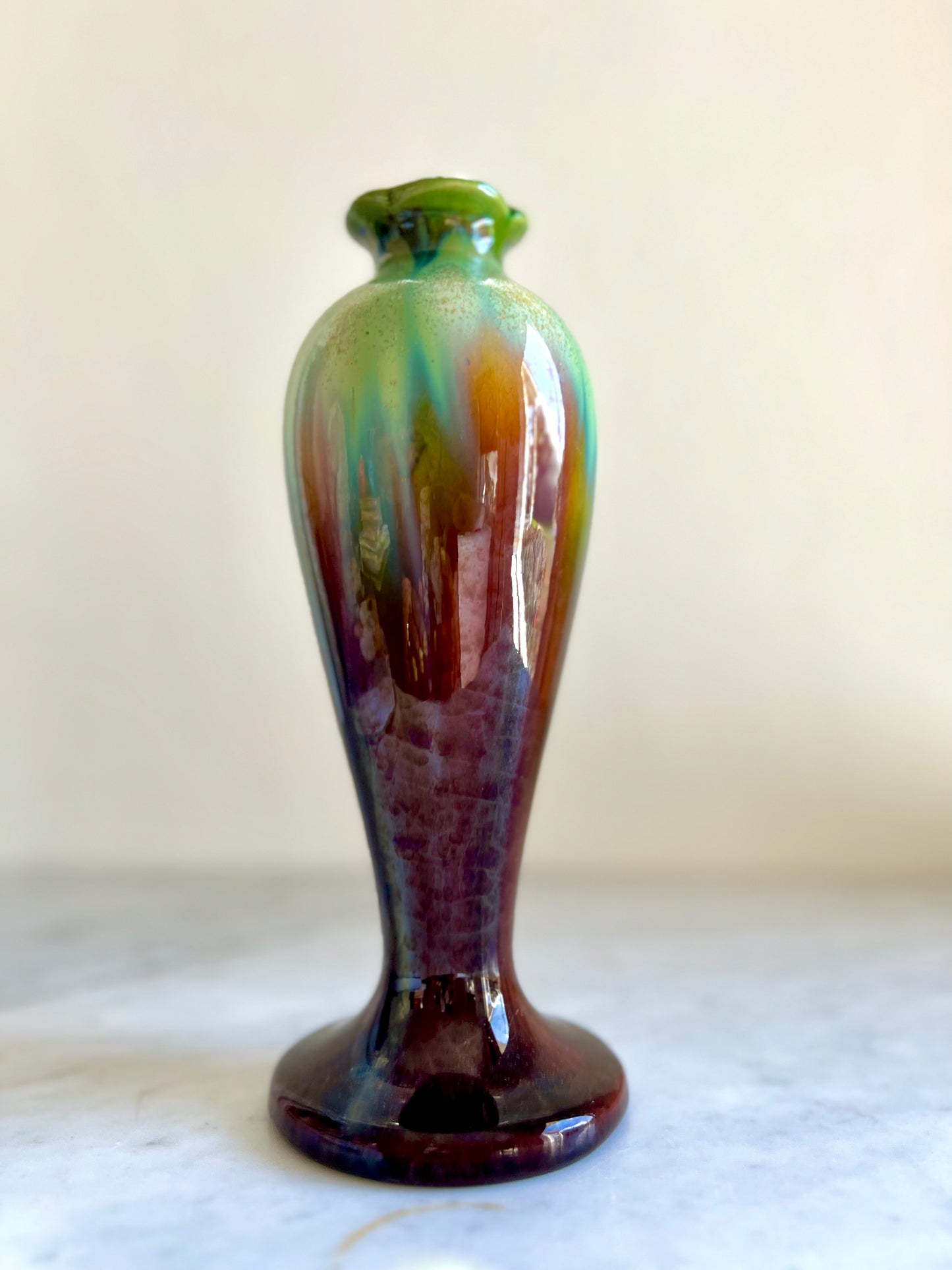 Green & Brown Art Deco Drip Glaze Faience Vase By "Faiencerie De Thulin", Belgium - 1920S