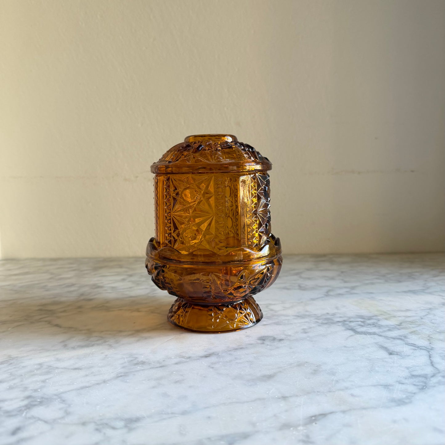 Vintage Indiana Glass Amber Fairy Lamp | Stars & Bars Pattern