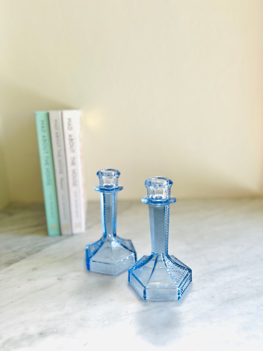 Antique Blue Glass Candle Holders