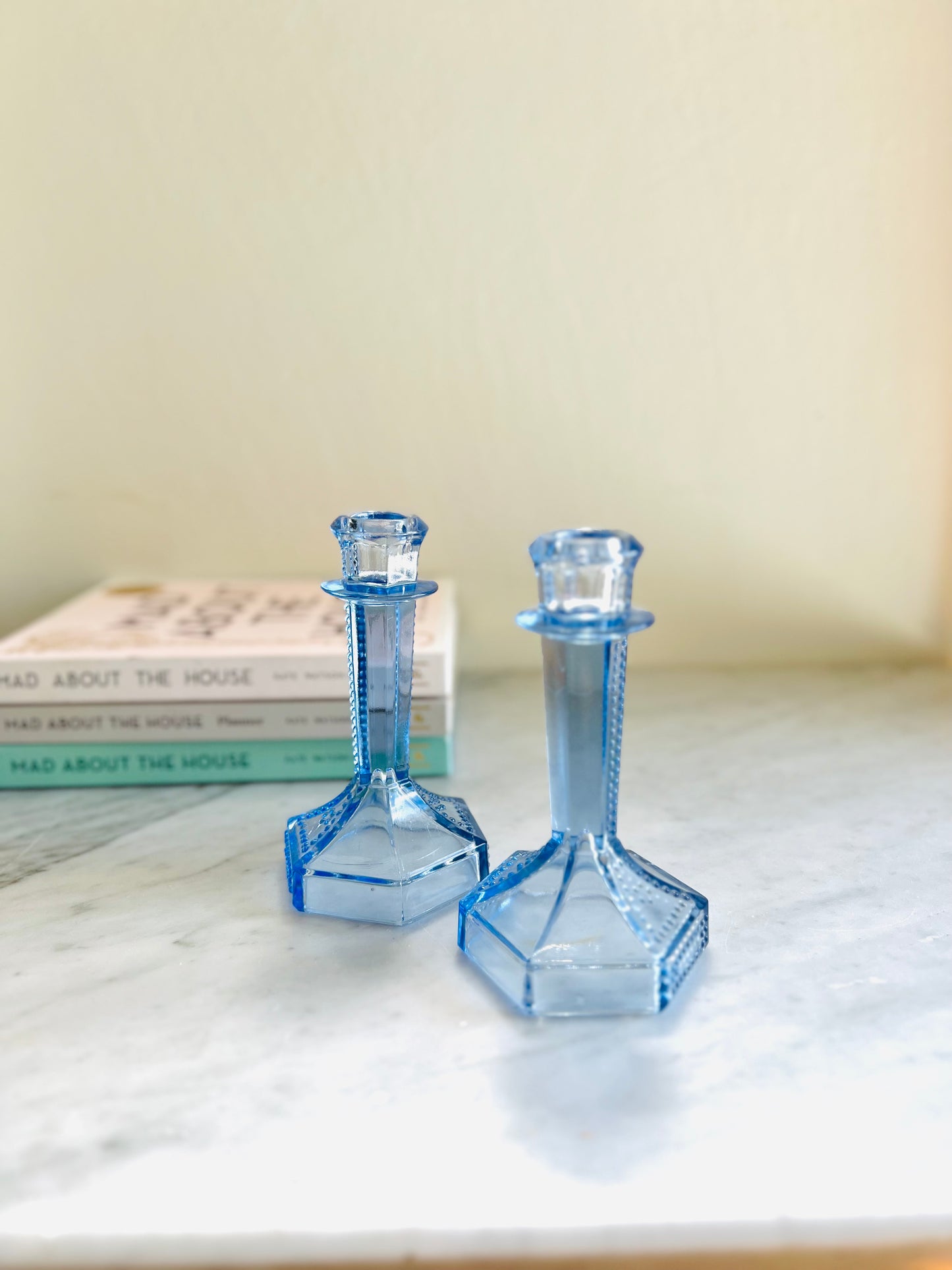 French Art Deco Glass Candleholders in Blue