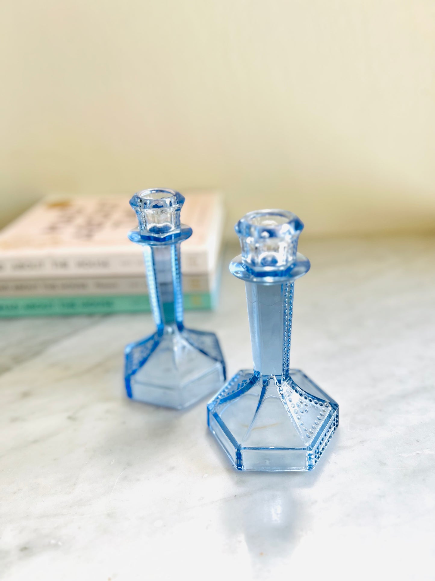 French Art Deco Glass Candleholders in Blue