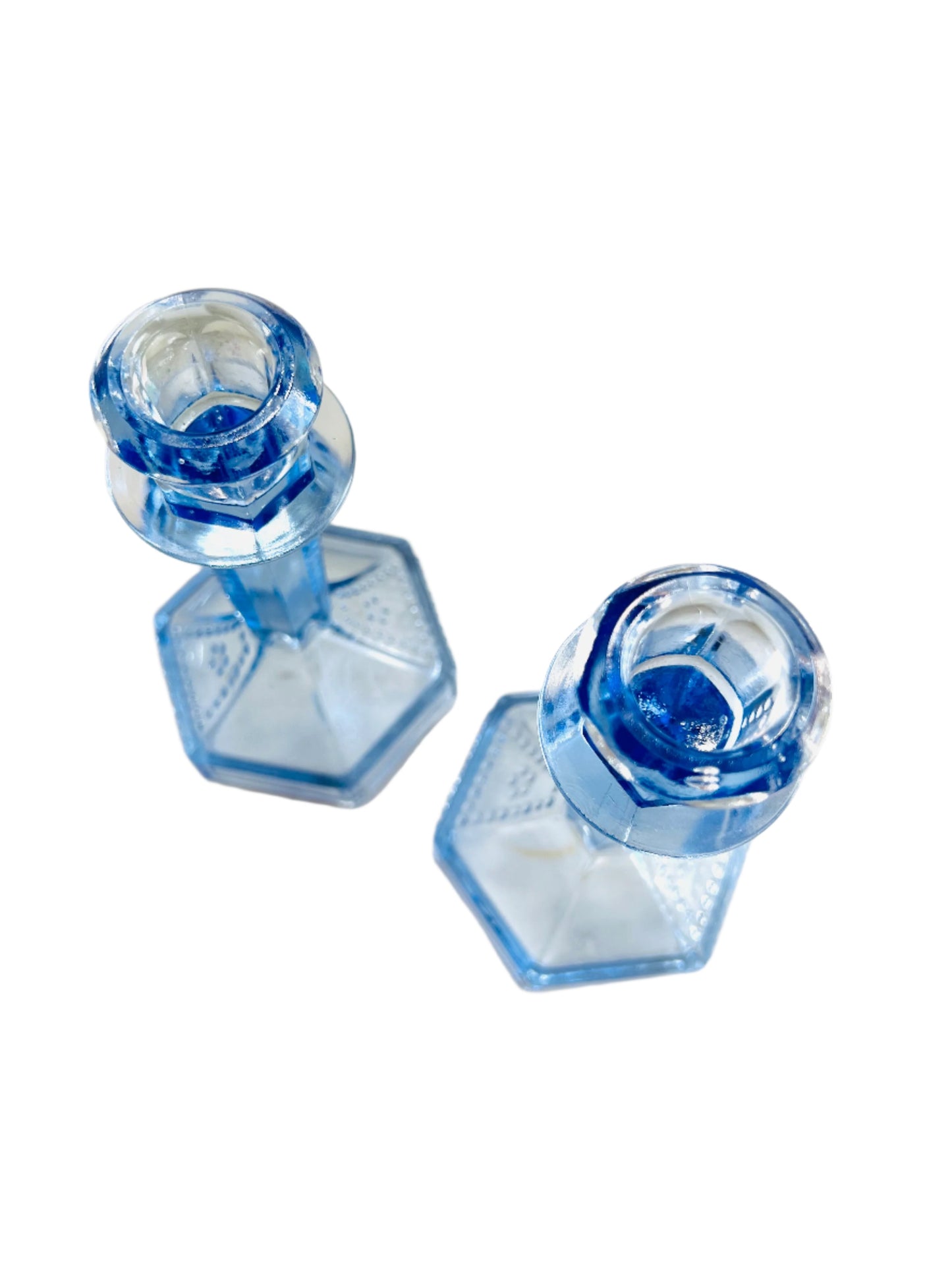 French Art Deco Glass Candleholders in Blue