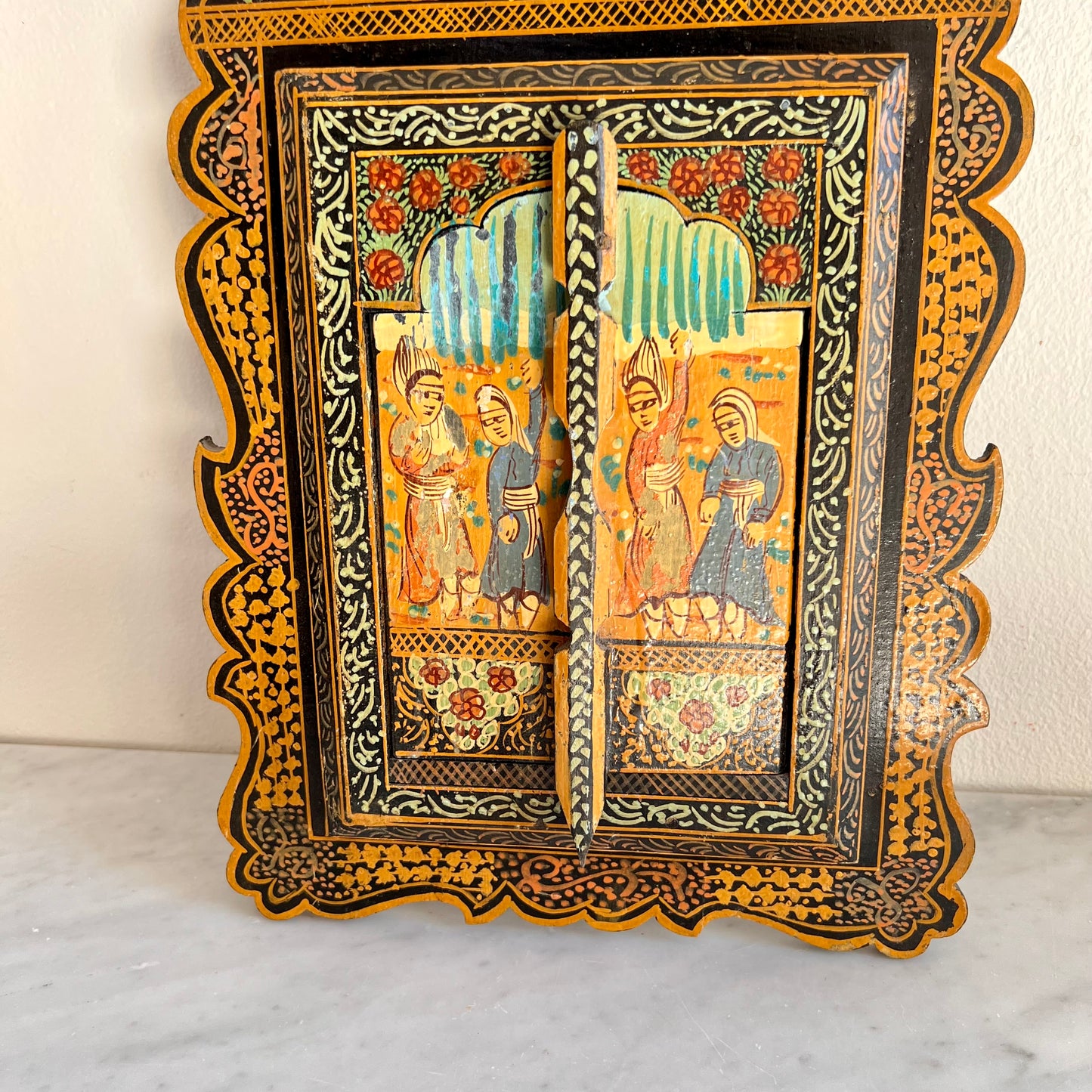 Antique Persian Qajar Wall Mirror Hand Painted With Two Doors