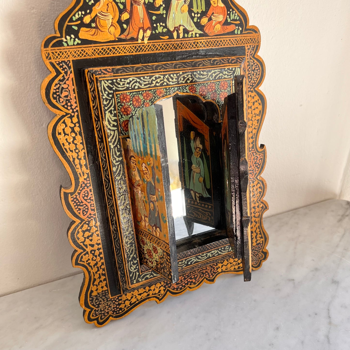 Antique Persian Qajar Wall Mirror Hand Painted With Two Doors