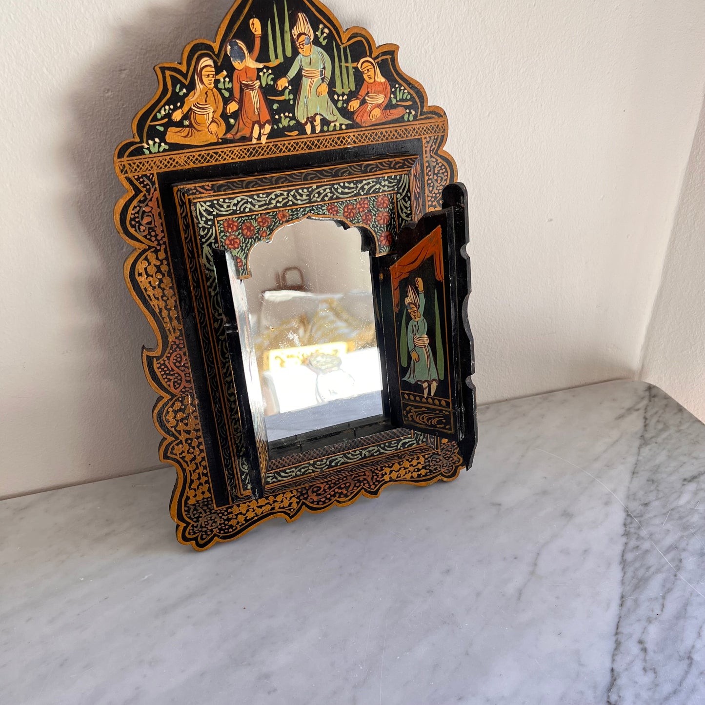 Antique Persian Qajar Wall Mirror Hand Painted With Two Doors