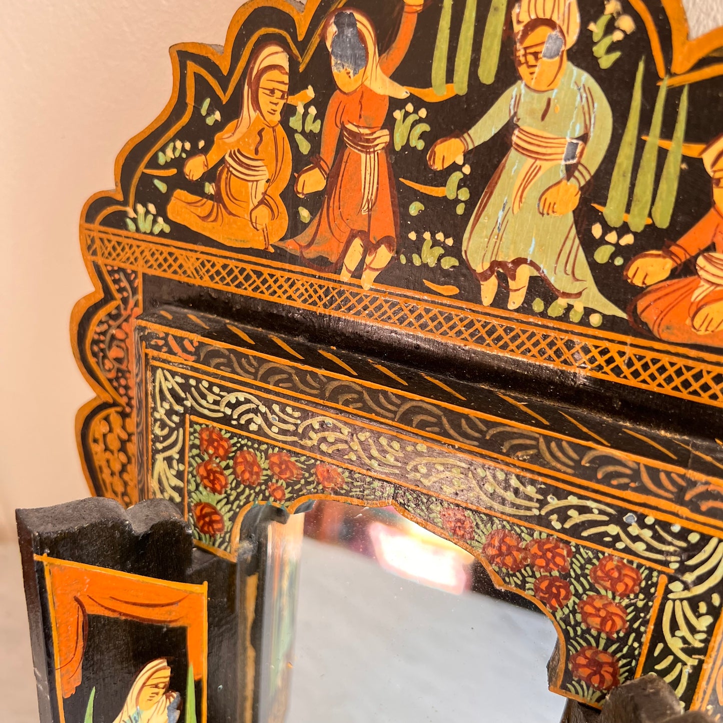 Antique Persian Qajar Wall Mirror Hand Painted With Two Doors