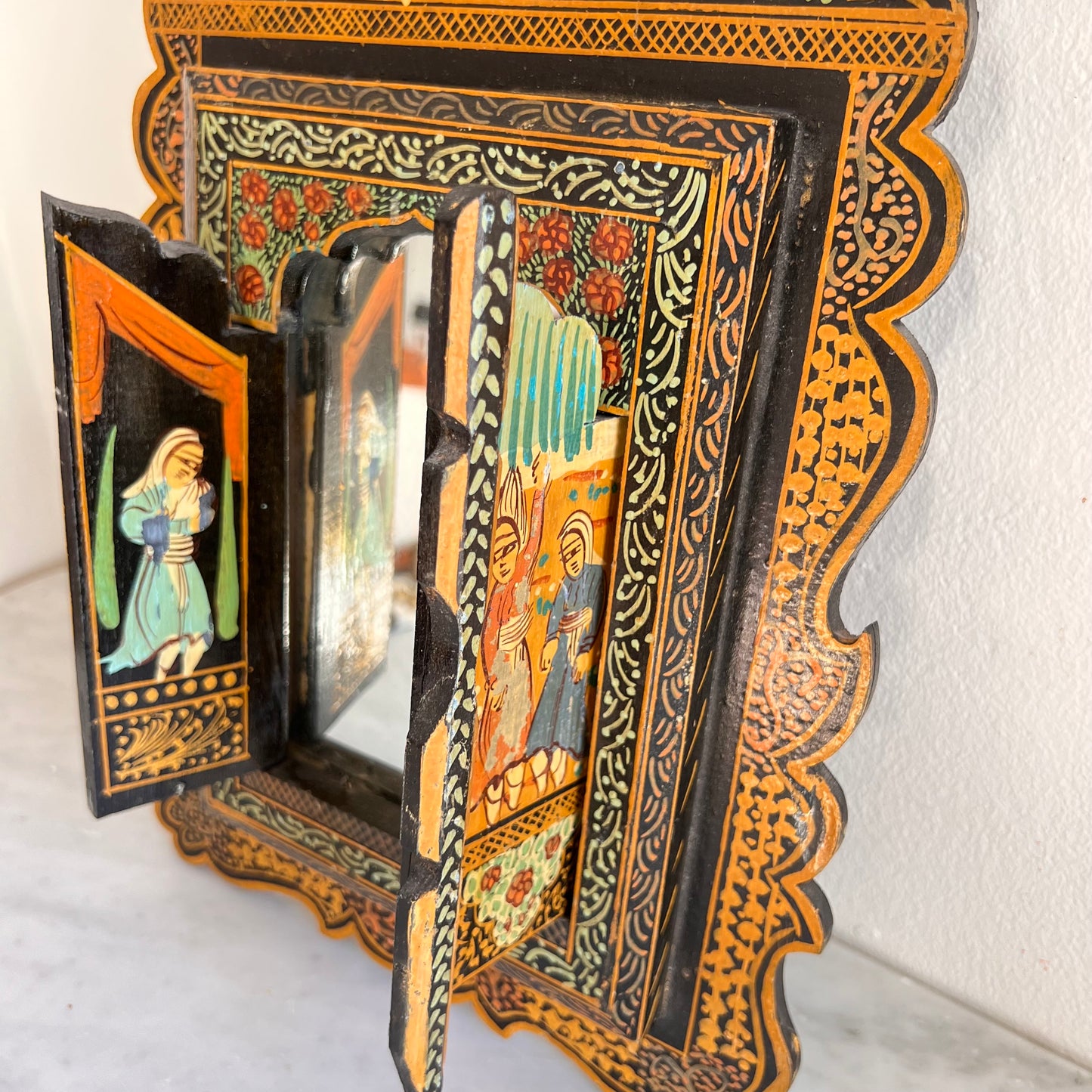 Antique Persian Qajar Wall Mirror Hand Painted With Two Doors