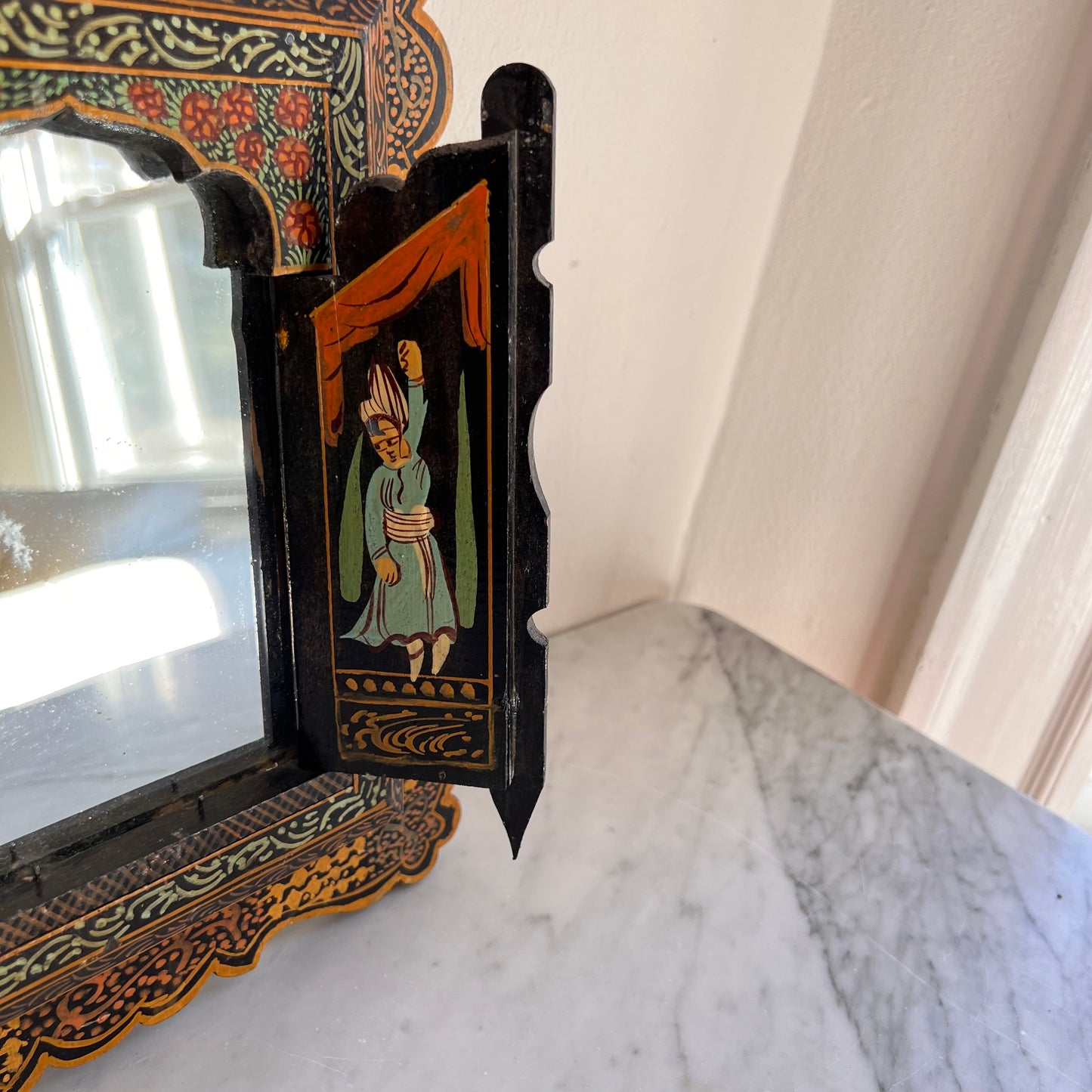 Antique Persian Qajar Wall Mirror Hand Painted With Two Doors