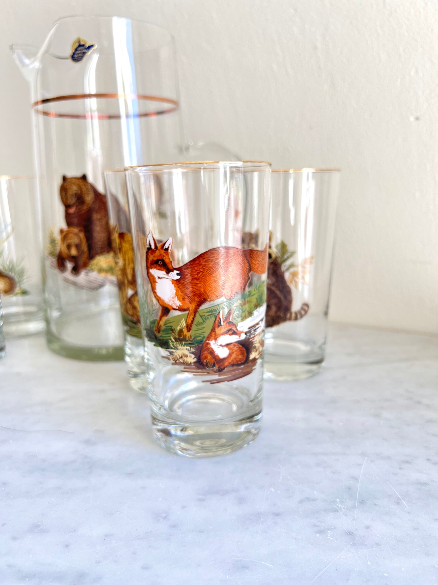 Mid Century Hunting Bear Glasses Set with Pitcher by West Virgina Glass Co (7 - piece set)