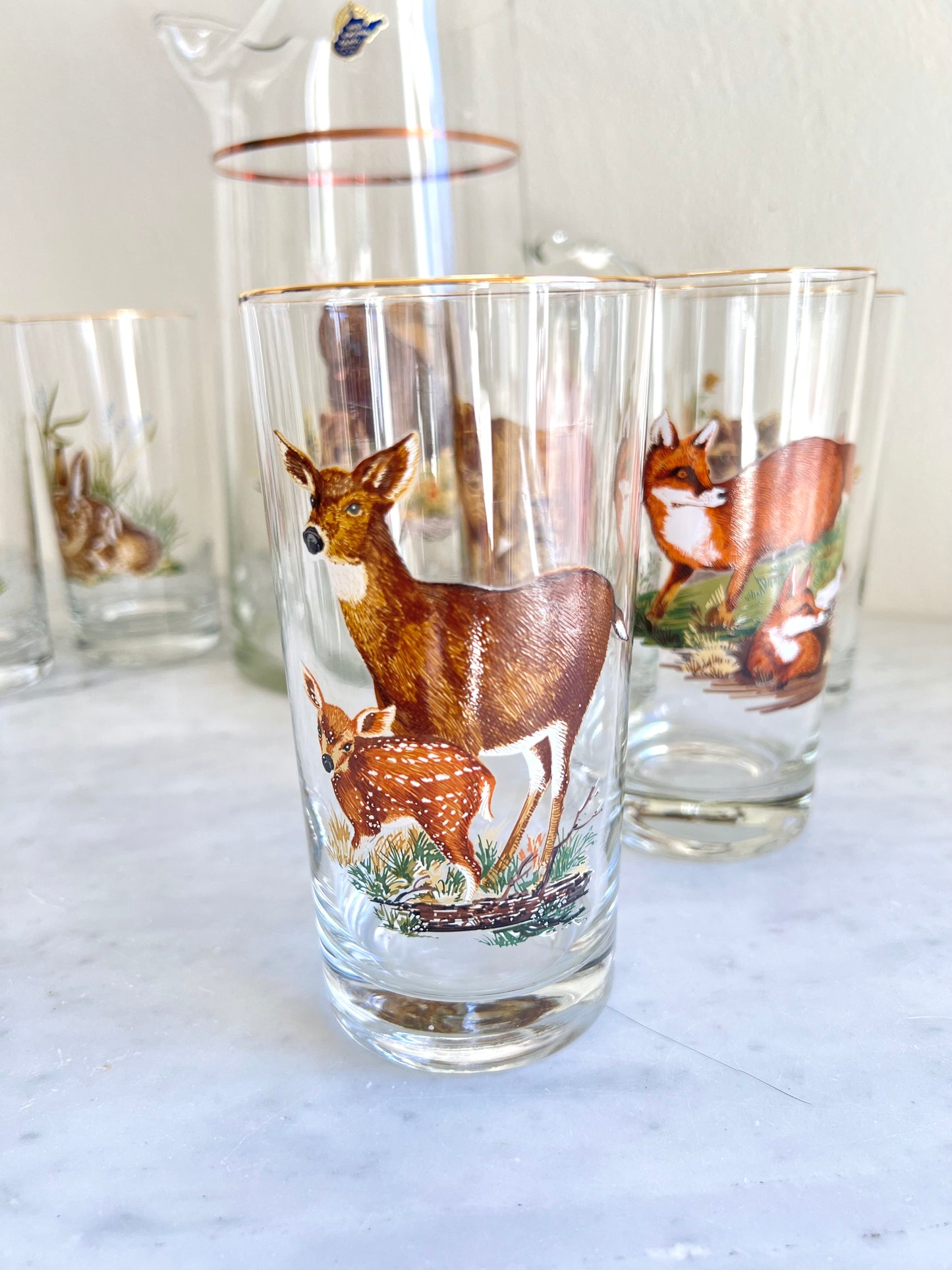 Mid Century Hunting Bear Glasses Set with Pitcher by West Virgina Glass Co (7 - piece set)