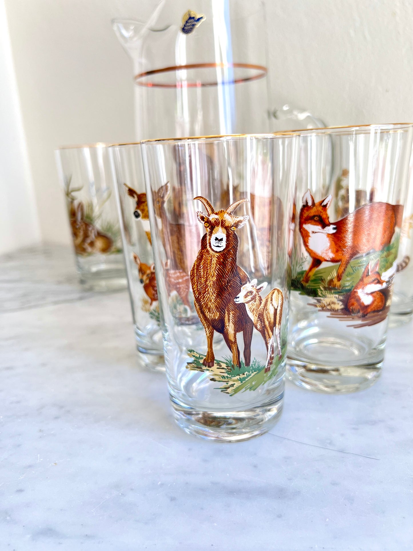 Mid Century Hunting Bear Glasses Set with Pitcher by West Virgina Glass Co (7 - piece set)