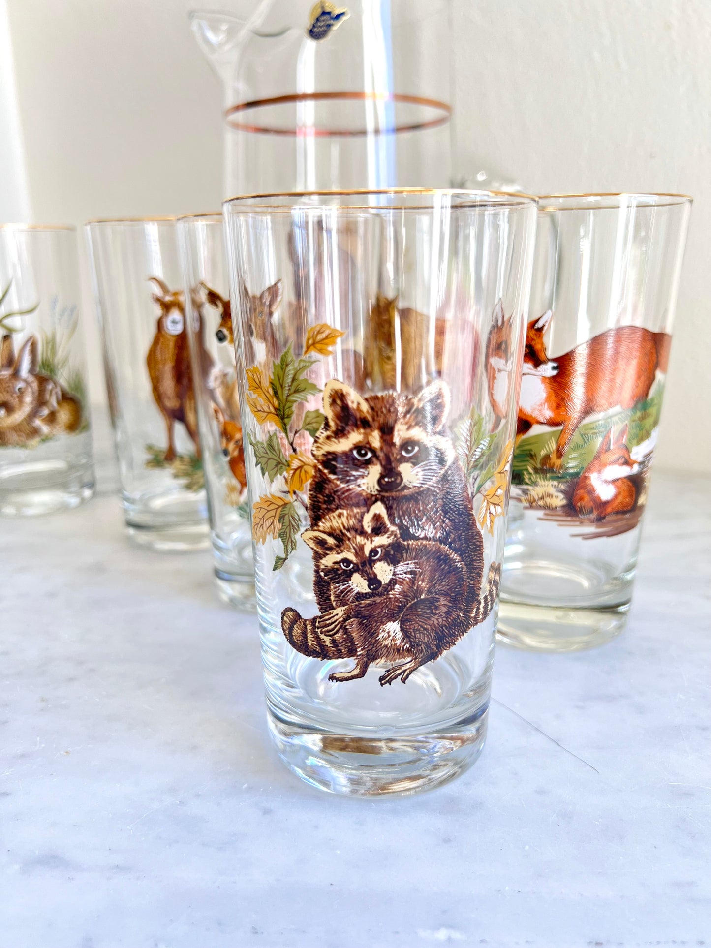 Mid Century Hunting Bear Glasses Set with Pitcher by West Virgina Glass Co (7 - piece set)