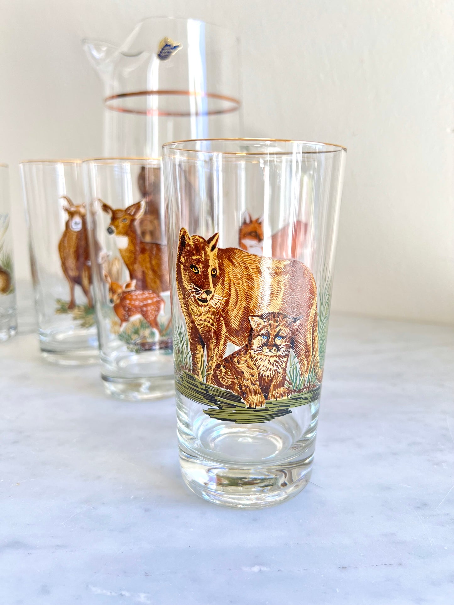 Mid Century Hunting Bear Glasses Set with Pitcher by West Virgina Glass Co (7 - piece set)