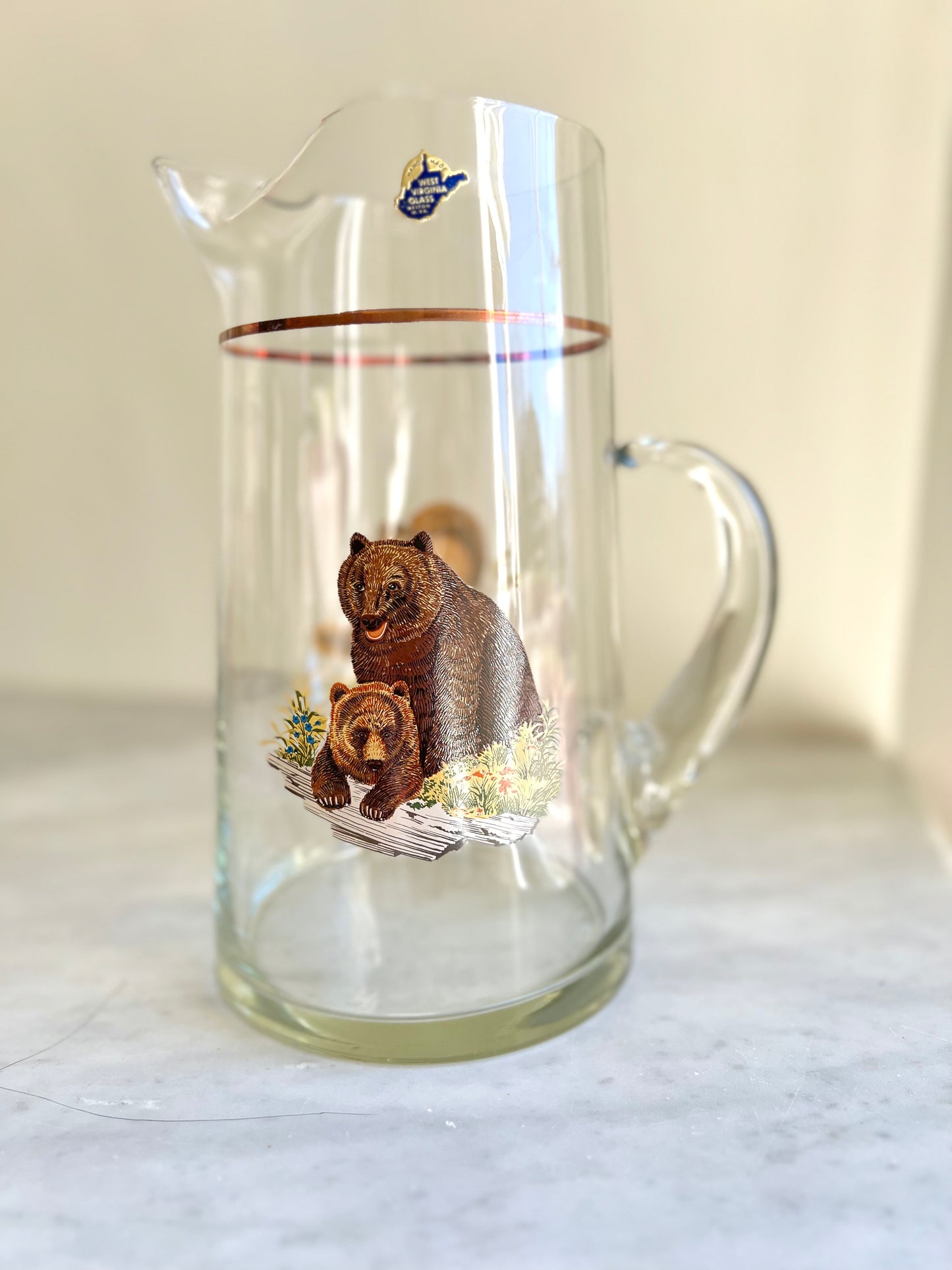 Mid Century Hunting Bear Glasses Set with Pitcher by West Virgina Glass Co (7 - piece set)
