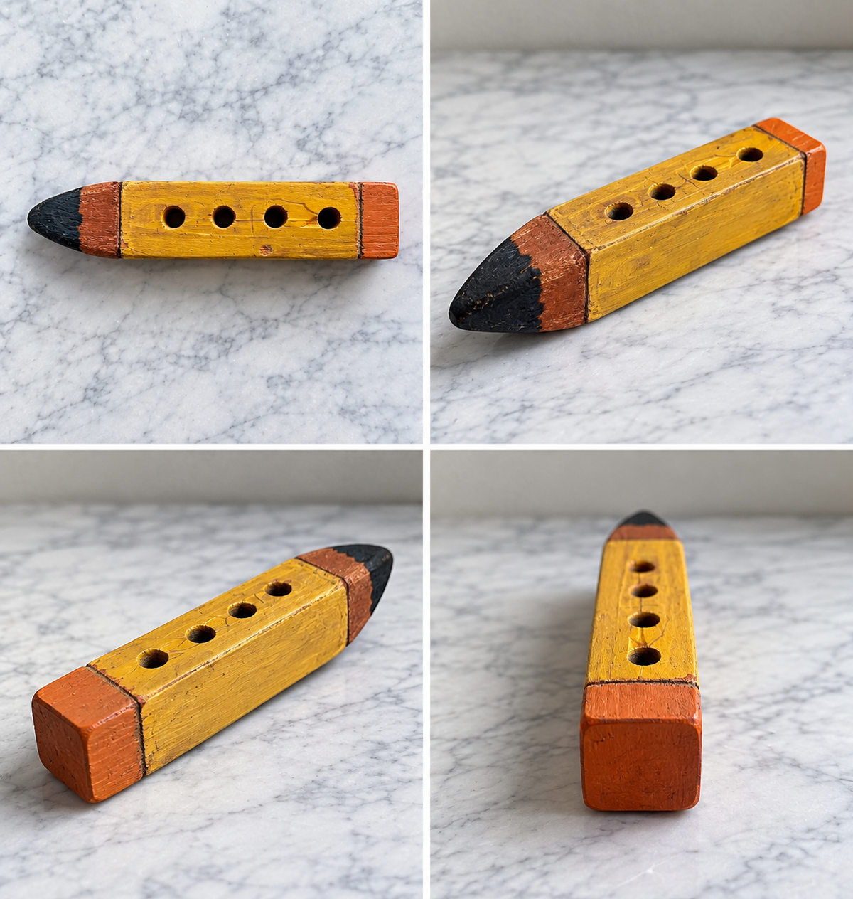 Handmade wooden pencil-shaped holder with four pen slots, distressed yellow paint and orange eraser end