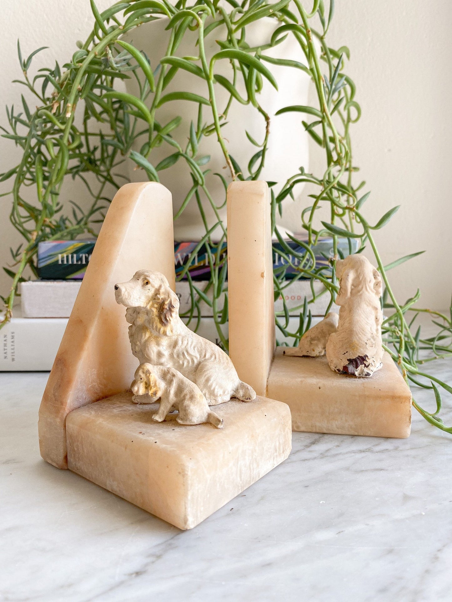 Vintage Alabaster Dog Bookends - Painted Spelter Spaniel & Scottie Dogs