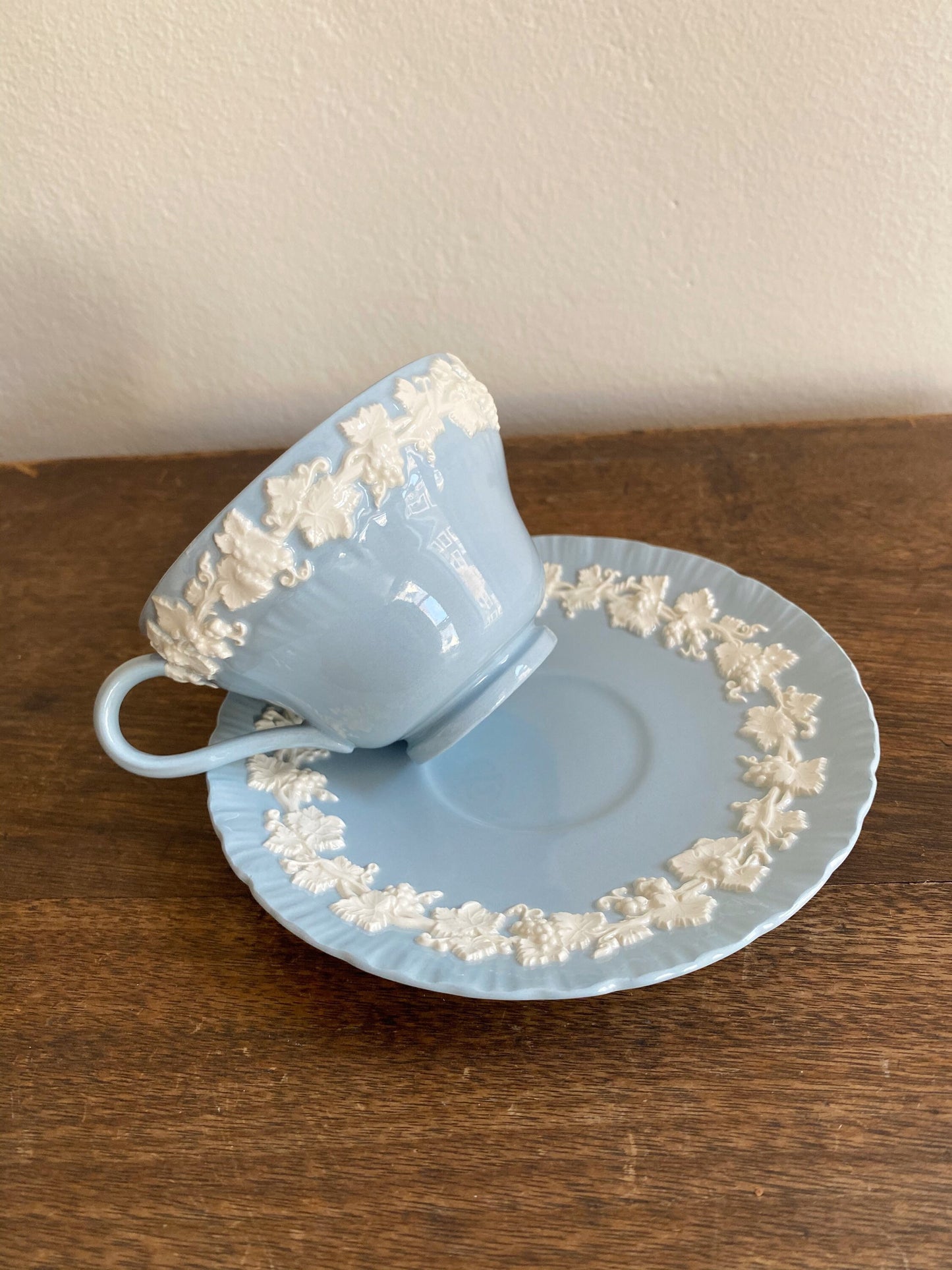 Wedgwood Queensware Teacup and Saucer, Vintage Blue and White Tea Set, Made in England, Gift for Tea Lover, Collectible British china