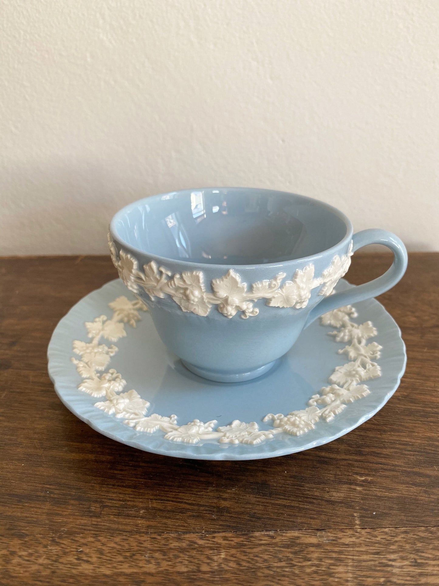 Wedgwood Queensware Teacup and Saucer, Vintage Blue and White Tea Set, Made in England, Gift for Tea Lover, Collectible British china
