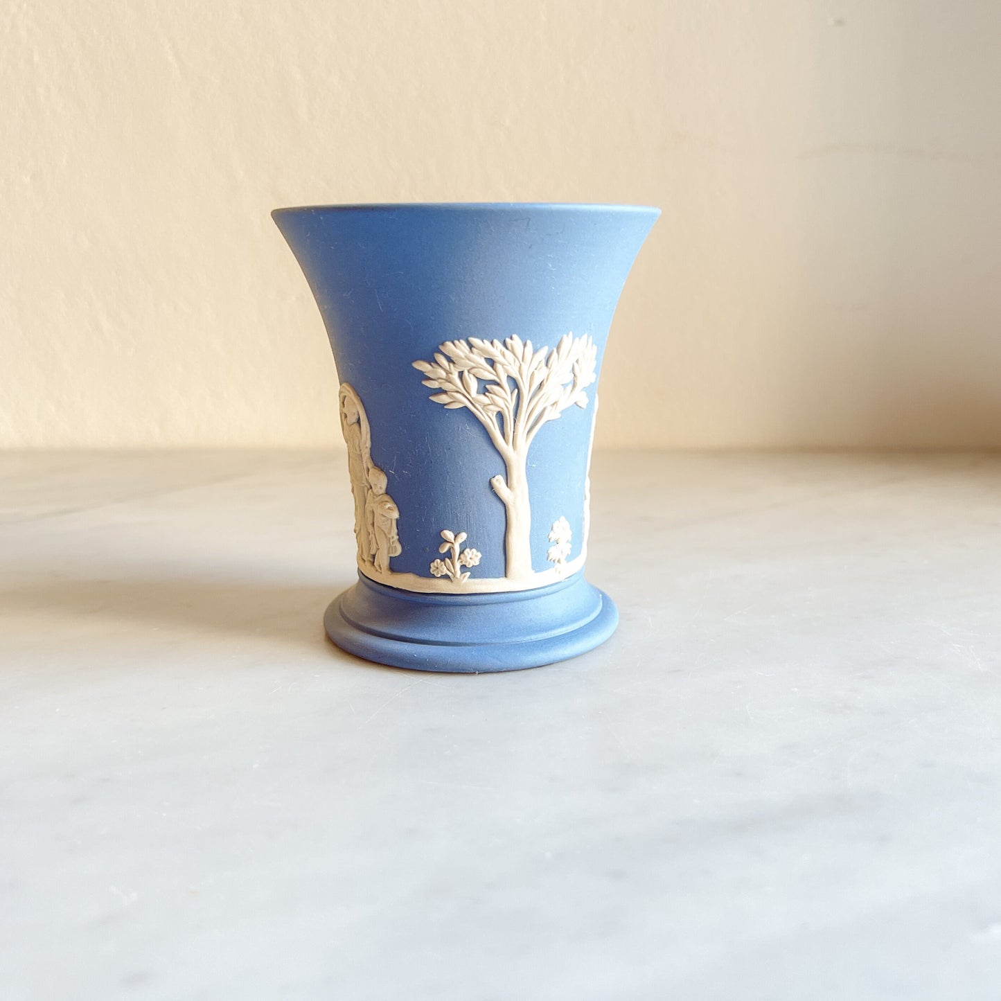 Wedgwood Blue Jasperware short vase, Small vintage flower pot, Classical Figures Collectible Vase, Blue & White Pottery, Made in England