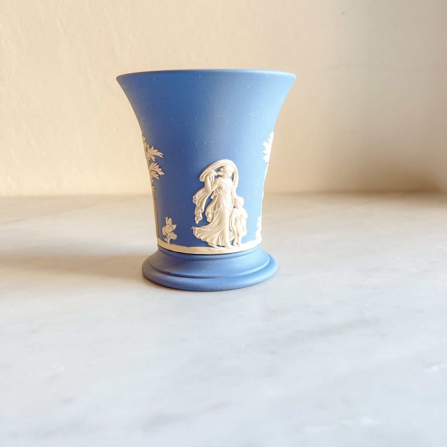Wedgwood Blue Jasperware short vase, Small vintage flower pot, Classical Figures Collectible Vase, Blue & White Pottery, Made in England