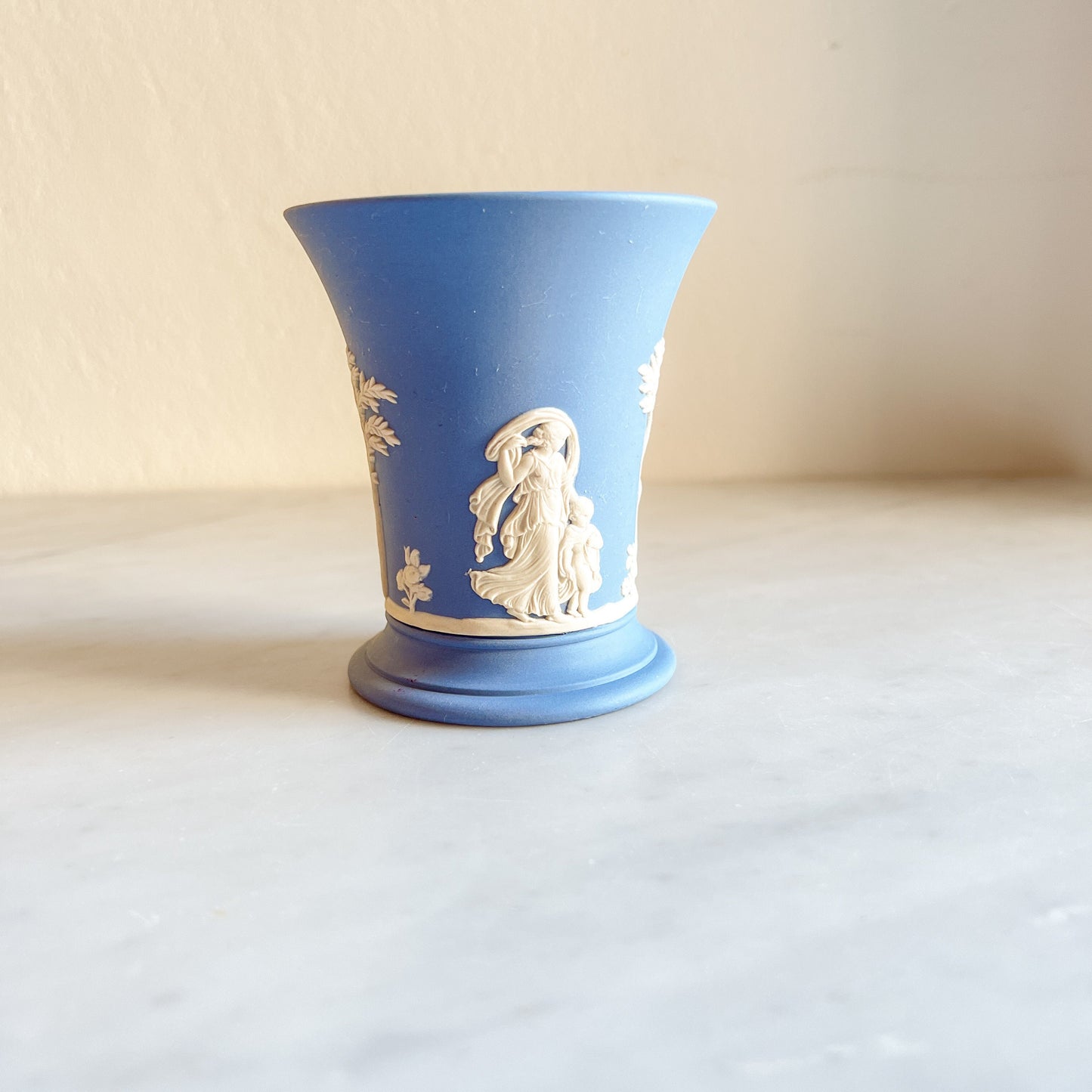 Wedgwood Blue Jasperware short vase, Small vintage flower pot, Classical Figures Collectible Vase, Blue & White Pottery, Made in England