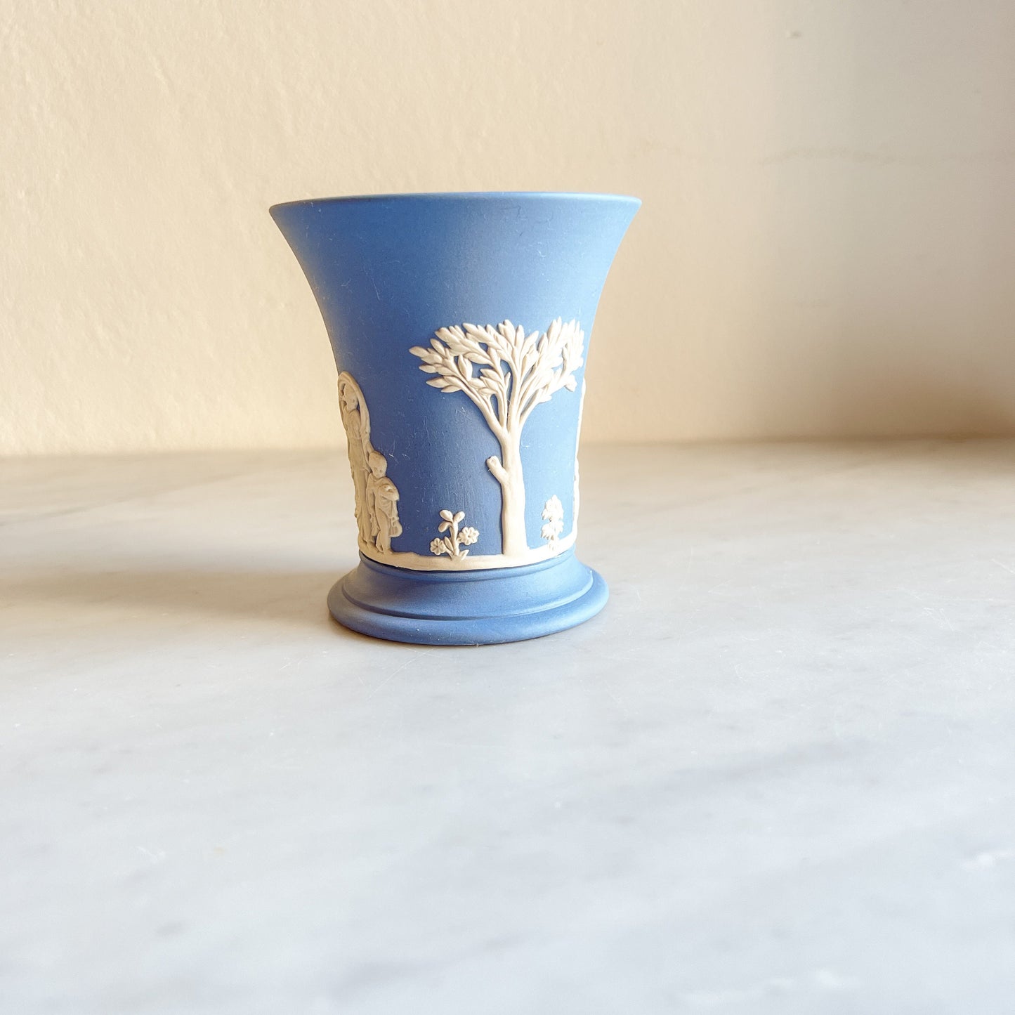 Wedgwood Blue Jasperware short vase, Small vintage flower pot, Classical Figures Collectible Vase, Blue & White Pottery, Made in England