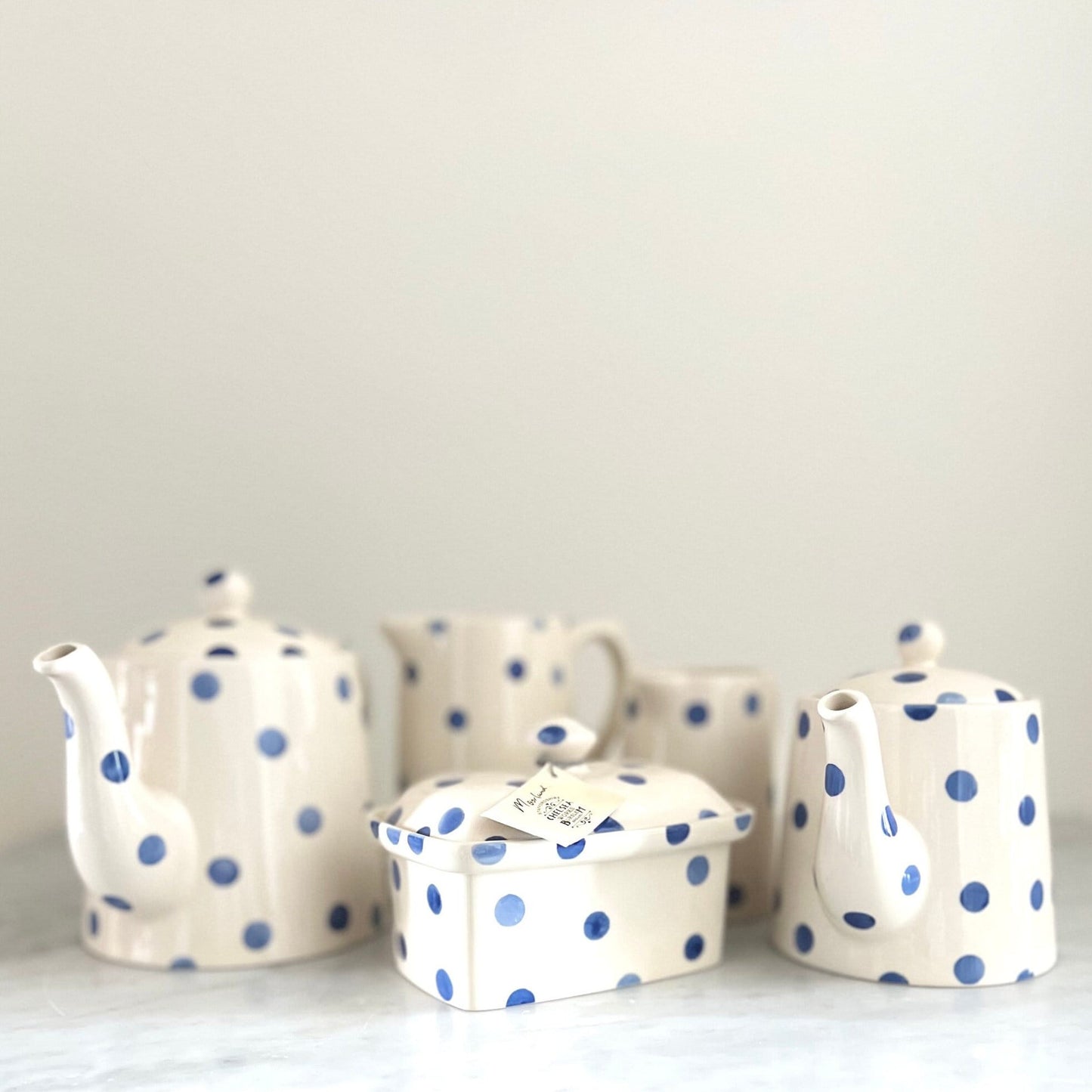 Vintage Moorland Blue Dot Tea Set: Staffordshire Pottery, England