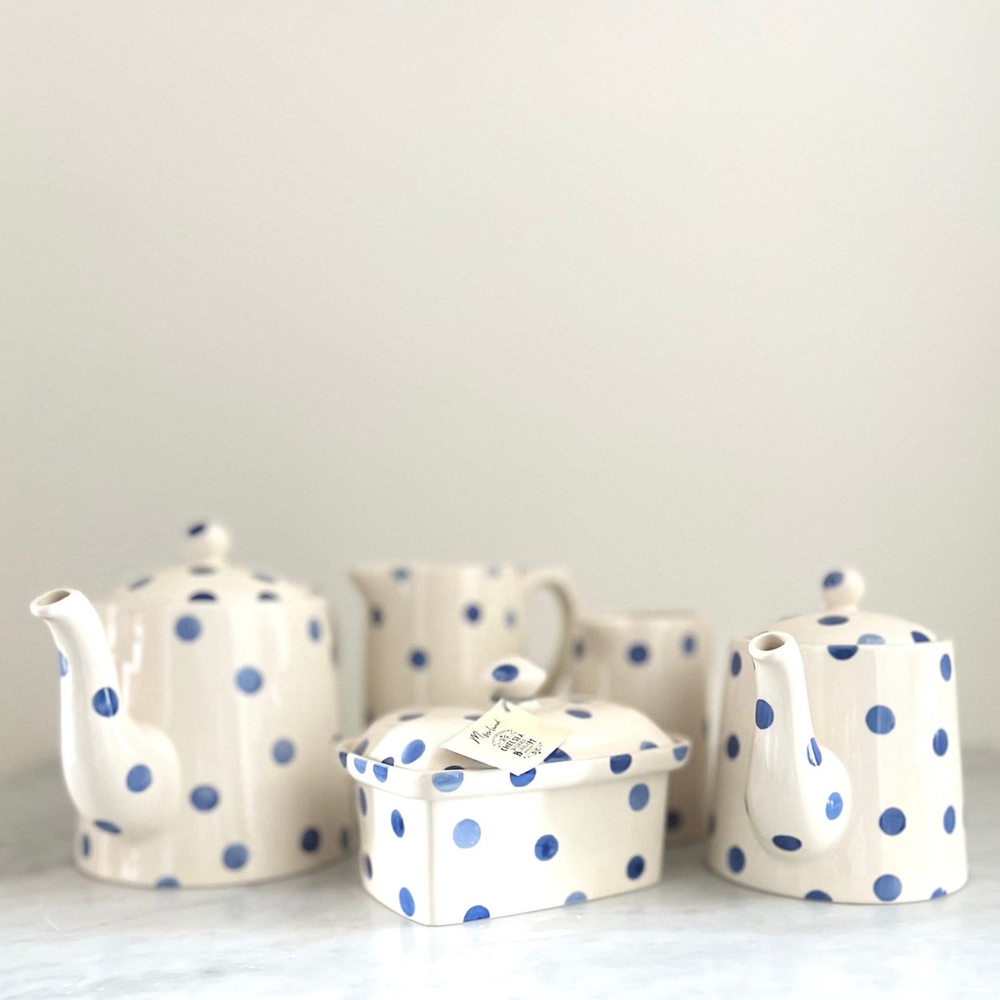 Vintage Moorland Blue Dot Tea Set: Staffordshire Pottery, England