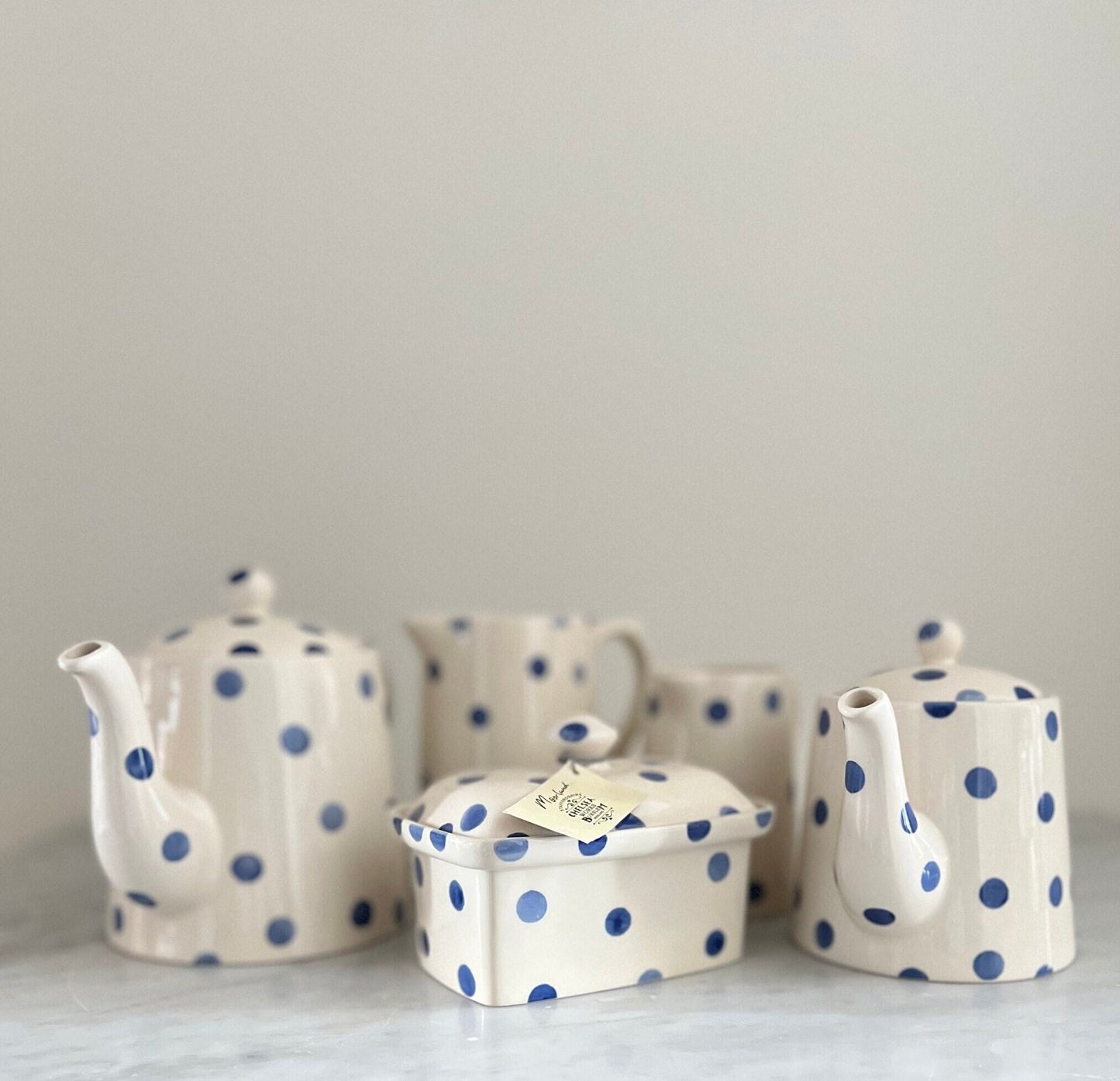 Vintage Moorland Blue Dot Tea Set: Staffordshire Pottery, England