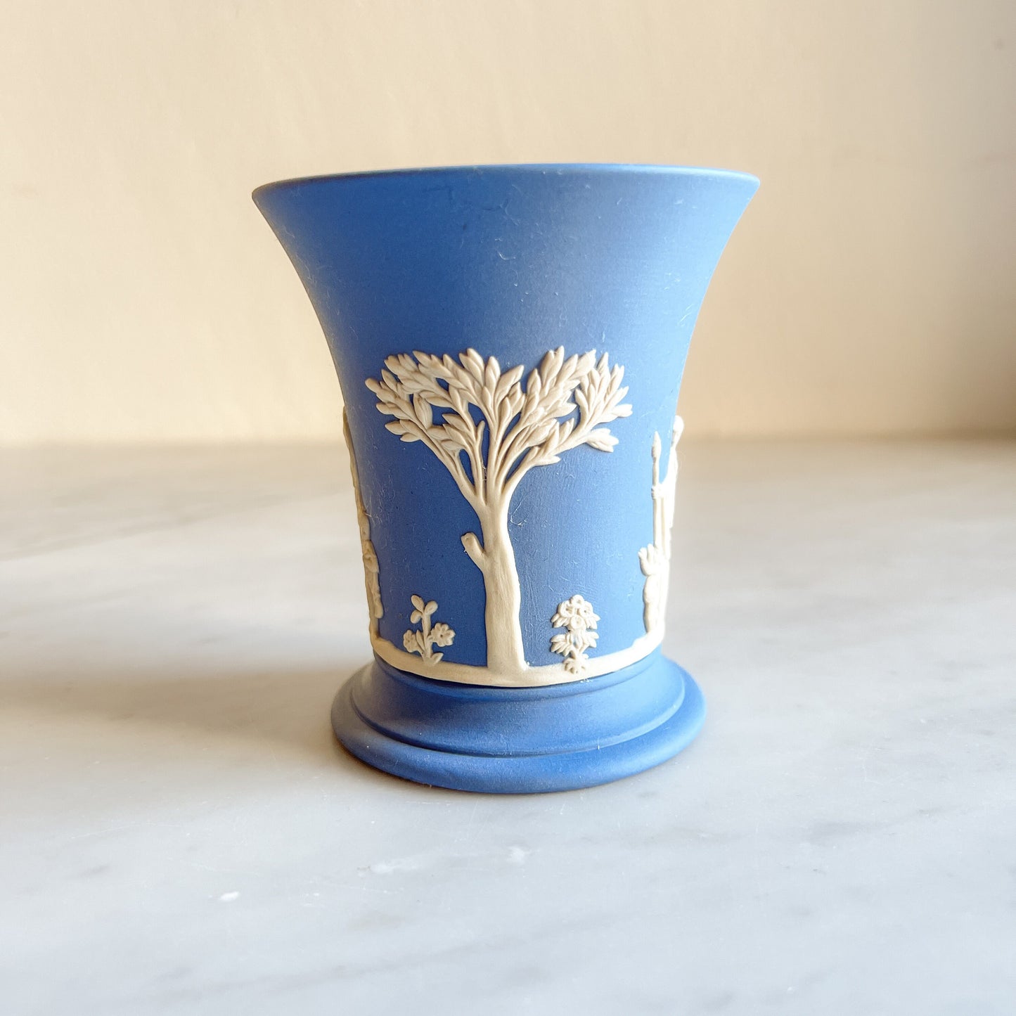 Wedgwood Blue Jasperware short vase, Small vintage flower pot, Classical Figures Collectible Vase, Blue & White Pottery, Made in England