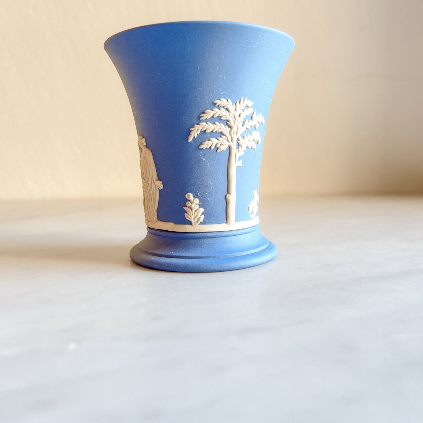 Wedgwood Blue Jasperware short vase, Small vintage flower pot, Classical Figures Collectible Vase, Blue & White Pottery, Made in England