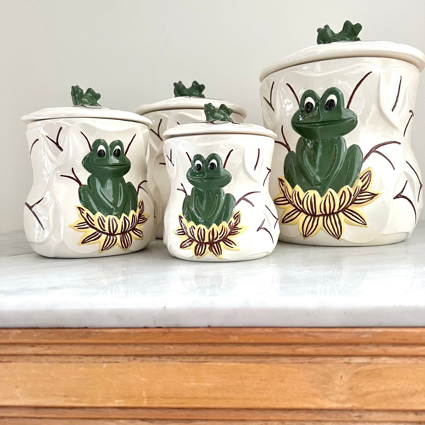 1970s Neil the frog canister set, Frog Canisters, Vintage Storage, Kitsch Kitchen Decor, Handmade & Handpainted Kimple Mold Corp