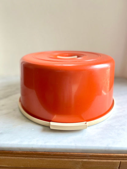 Vintage Mid Century Rotating Cake Stand / Cake Carrier by Sterilite in Deep Orange & Cream