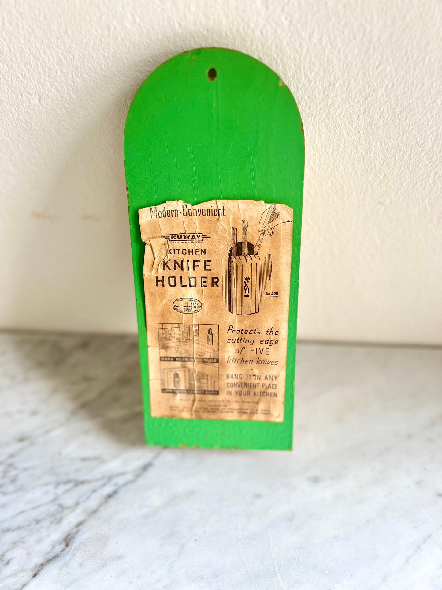 Art Deco Green & Cream Wood Kitchen Knife Holder by NuWave Wall Mount with Original paper backed instructions, Farmhouse / Rustic Kitchen