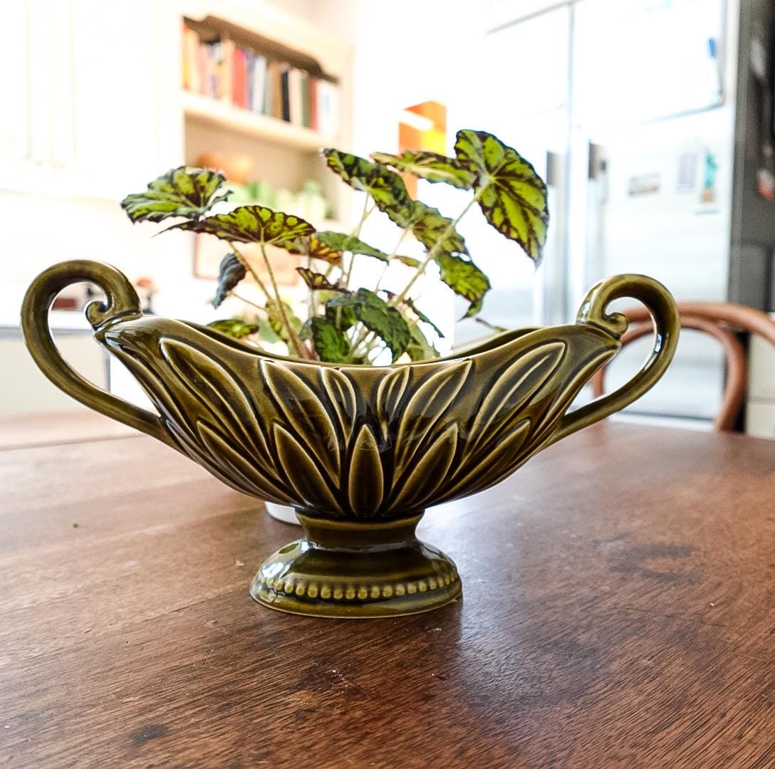 Vintage DevonWay Ceramic Centerpiece Vase: Mid-Century Modern Green Footed Planter