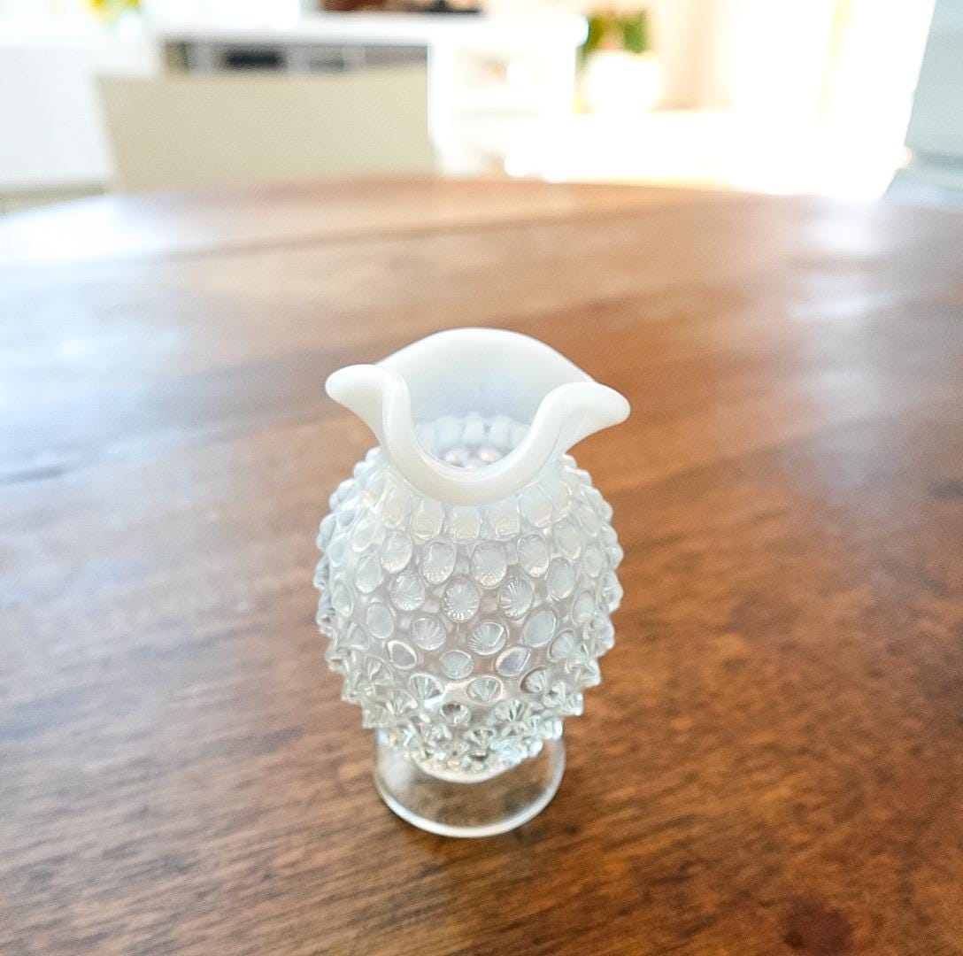 Vintage Fenton Milk Glass Bud Vase: Hobnail Ruffled Edge, Mid-Century Decor