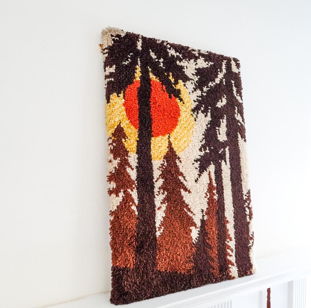 1970s Latch Hook Sunset Forest Tapestry: Mid-Century Modern Wool Wall Hanging
