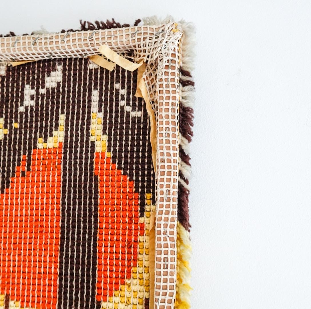 1970s Latch Hook Sunset Forest Tapestry: Mid-Century Modern Wool Wall Hanging