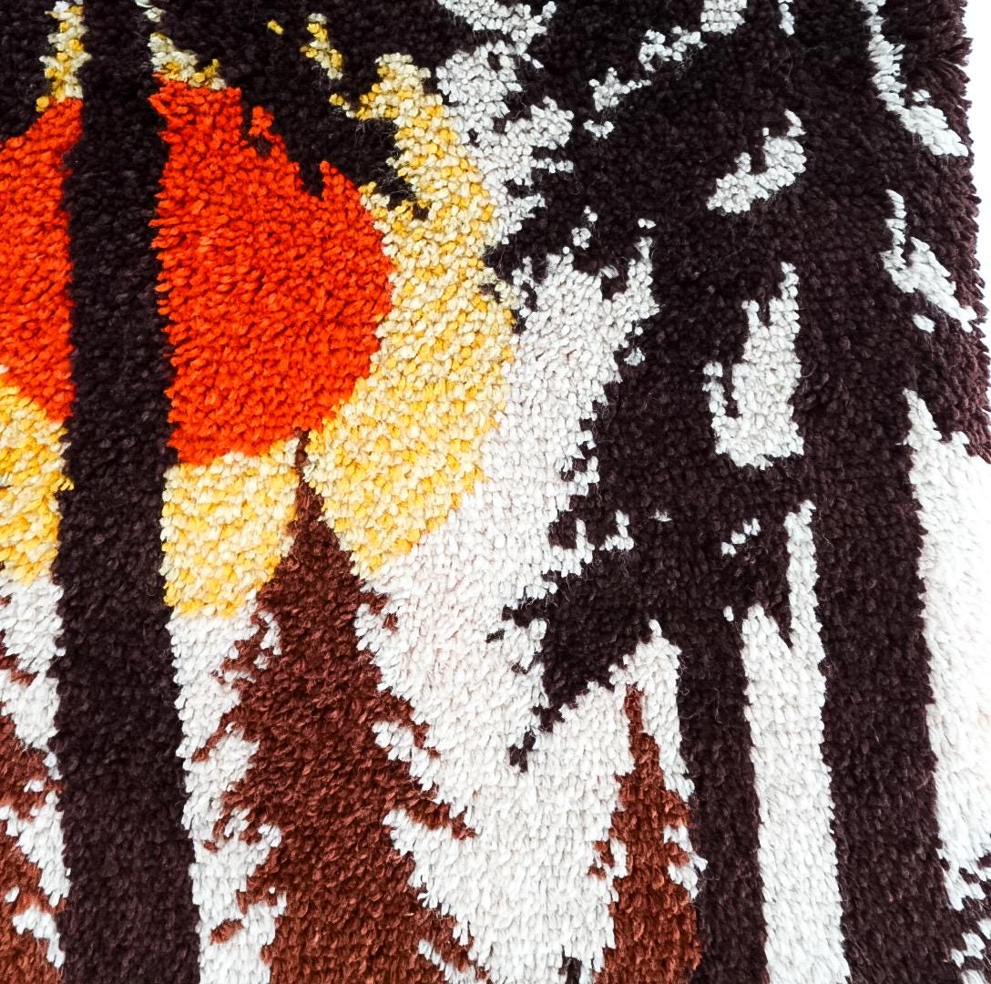 1970s Latch Hook Sunset Forest Tapestry: Mid-Century Modern Wool Wall Hanging