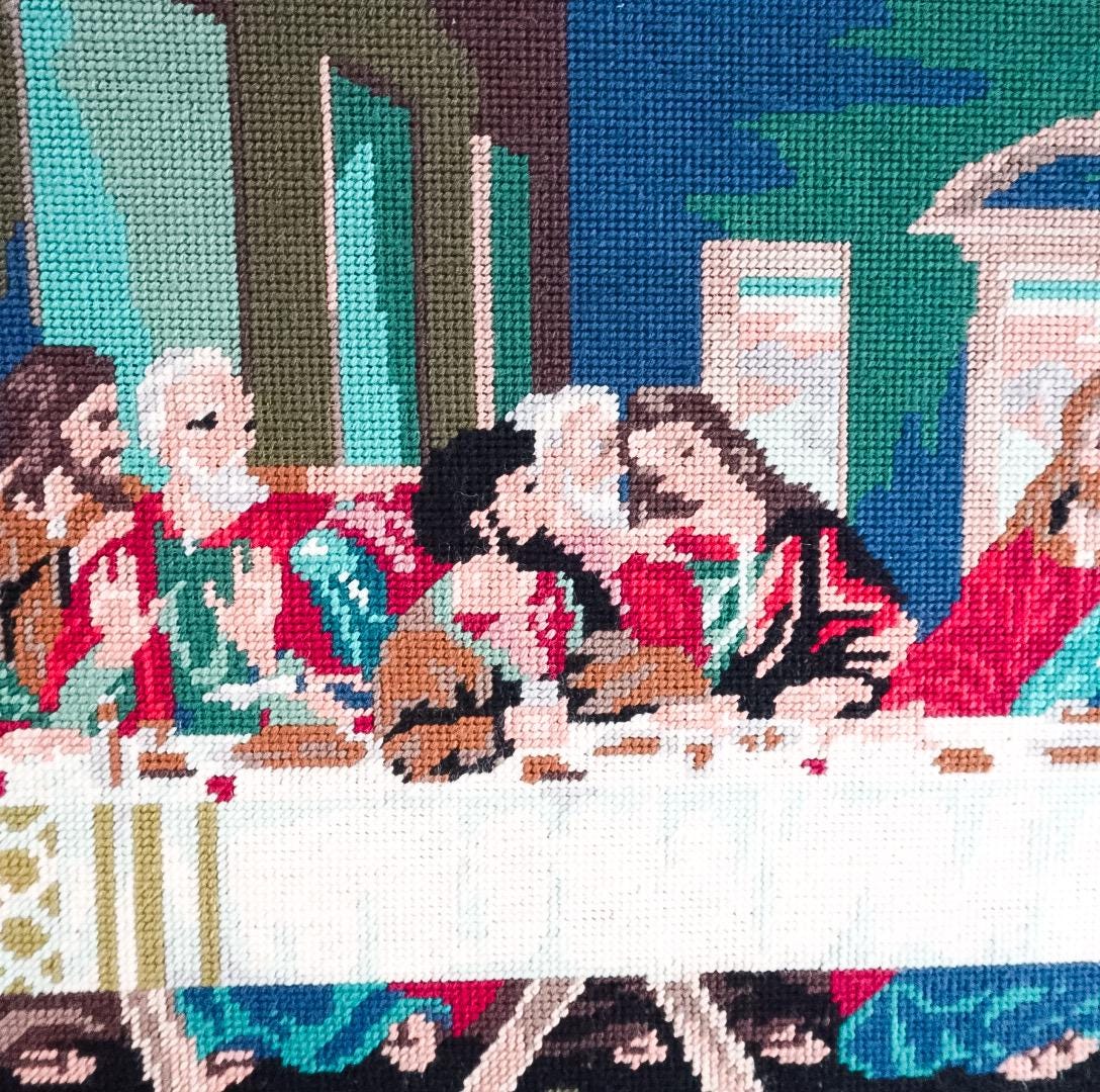 Framed Last Supper Needlepoint: Mid-Century Religious Textile Art (19x36