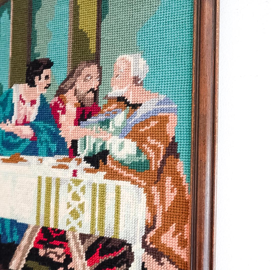 Framed Last Supper Needlepoint: Mid-Century Religious Textile Art (19x36