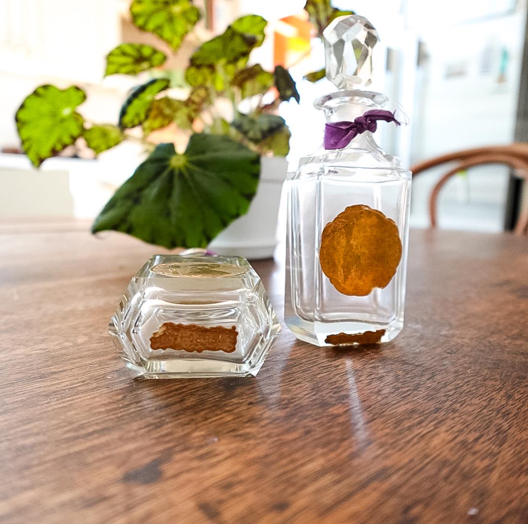Vintage Perfume Bottle Set: Clear Glass Bottles in Purple Silk Box