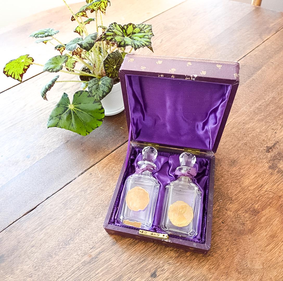 Vintage Perfume Bottle Set: Clear Glass Bottles in Purple Silk Box