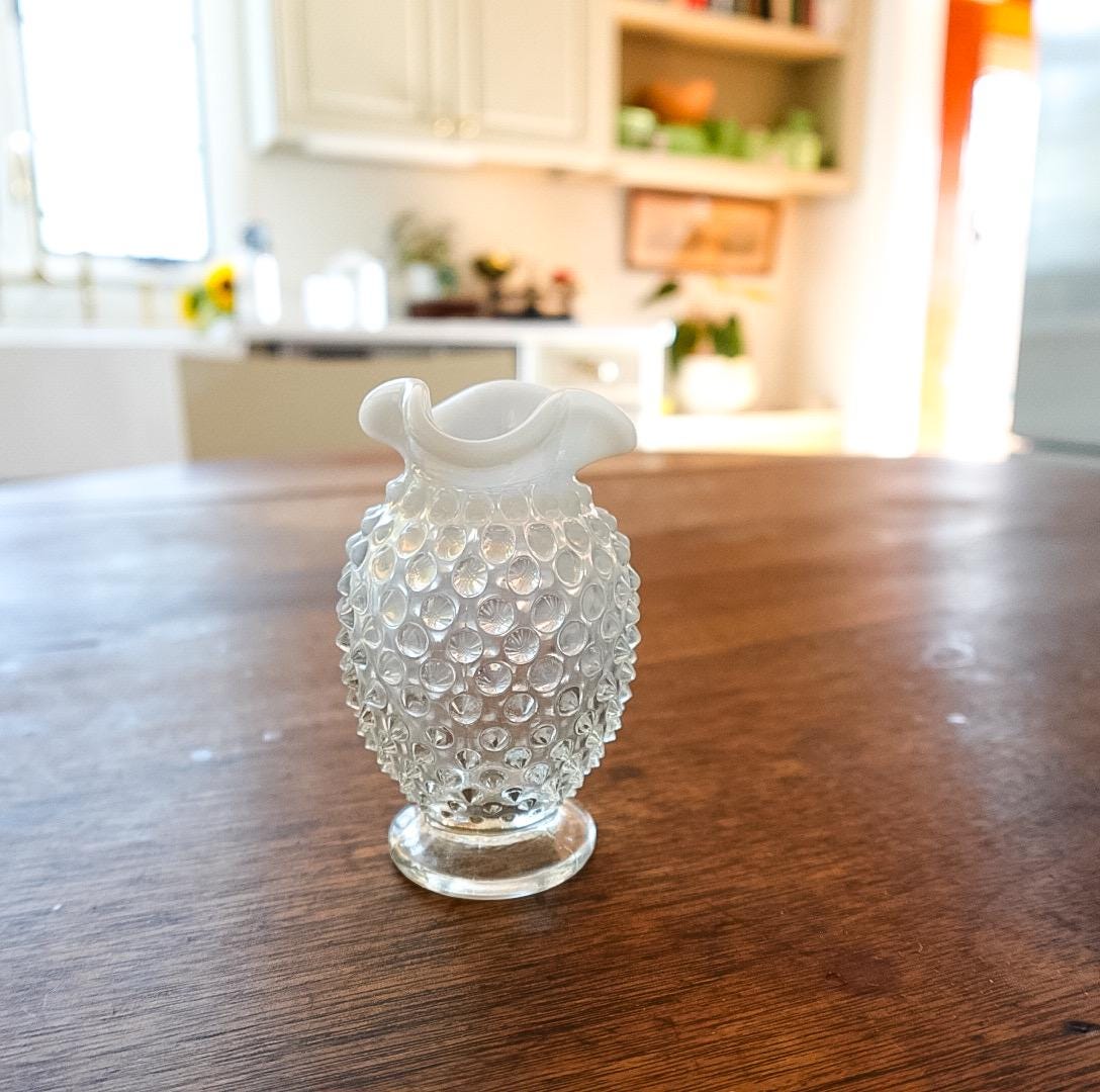 Vintage Fenton Milk Glass Bud Vase: Hobnail Ruffled Edge, Mid-Century Decor