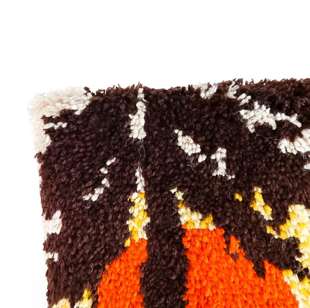 1970s Latch Hook Sunset Forest Tapestry: Mid-Century Modern Wool Wall Hanging