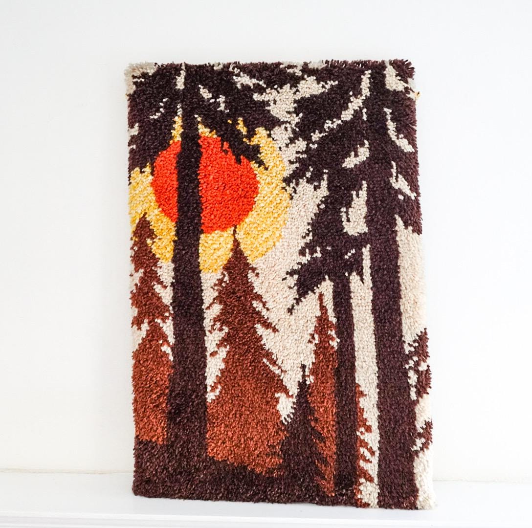 1970s Latch Hook Sunset Forest Tapestry: Mid-Century Modern Wool Wall Hanging