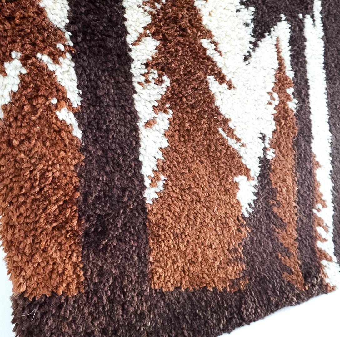 1970s Latch Hook Sunset Forest Tapestry: Mid-Century Modern Wool Wall Hanging
